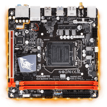 Gigabyte B250N PHOENIX WIFI Motherboard, 2 x DDR4 DIMM, 1 x DP, 1 x HDMI, 6 x USB3.1, 2 x USB 2.0, 1 x RJ-45, 5 x Audio Jacks, Mini-ITX