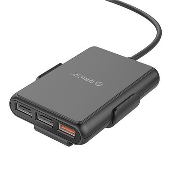 ORICO 52W 5 Port (1 QC3.0 Port) with Extension Cord Car Charger Black (UCP-5P), 750 Flame-retardant, 12-24V, QC3.0+5V2.4A*4, 52W