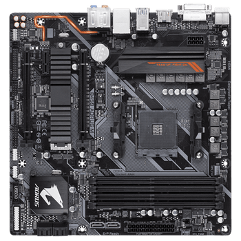 GIGA AORUS AMD B450, 4 x DDR4 DIMM, 1 x DVI-D, 1 x HDMI, 8 x USB, 1 x RJ-45, 6 x AJ