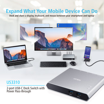 Aten 2 Port USB-C Gen 1 Dock Switch with Power Pass-Through, Supports Samsung DeX mode and Huawei desktop mod