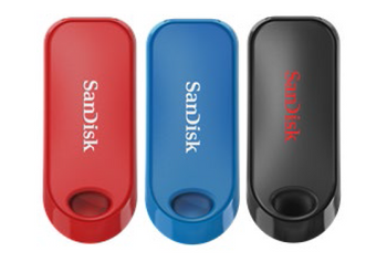 SanDisk Cruzer Snap USB Flash Drive, CZ62 16GB, USB2.0, 3-Pack, Black/Blue/Red, Retractable Design, 5Y