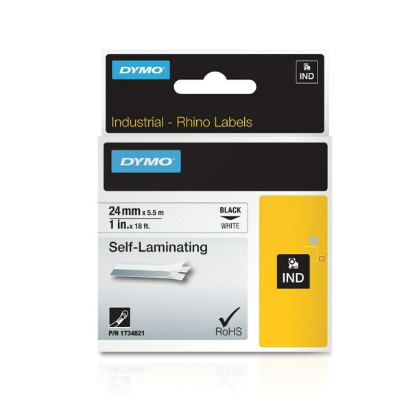 Dymo Rhino 24mm x 5.5M Black on White Vinyl Self-Laminating Industrial Label Tape