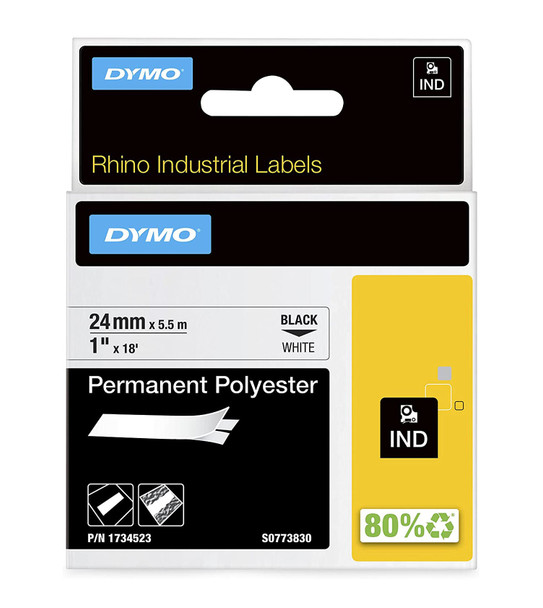 Dymo Rhino 24mm x 5.5M Permanent Polyester Black on White Tape