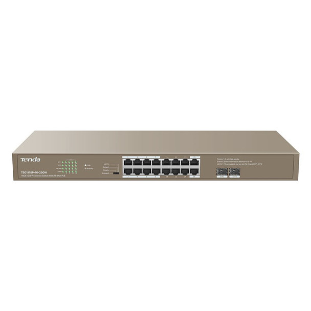 TENDA TEG1118P-16-250W 16GE  2SFP ETHERNET SWITCH WITH 16-PORT POE