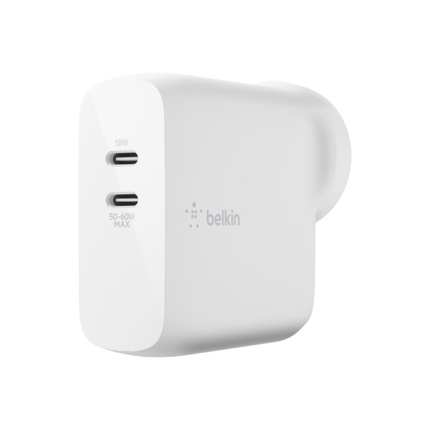 Belkin 2 Port Wall Charger, 65w USB-C Gan (2) Fast Charging, White, 2yr With 2500