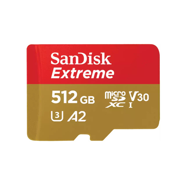 SanDisk Extreme microSDXC, SQXAV 512GB, V30, U3, C10, A2, UHS-I, 190MB/s R, 130MB/s W, 4x6, SD adaptor, Lifetime Limited