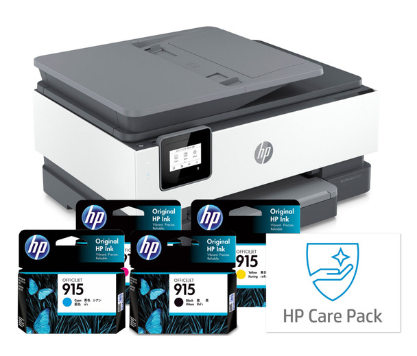 BUNDLE HP OfficeJet 8012e 18ppm A4 Wireless All-in-One Printer + 915 Standard Ink Set (Black & Colours) + 3 Year Warranty Care Pack