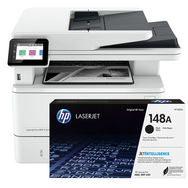 BUNDLE HP LaserJet Pro MFP 4101fdn 40ppm A4 Mono Multifunction Printer + 148A Standard Black Toner (W1480A) (2Z618F-148BUN)