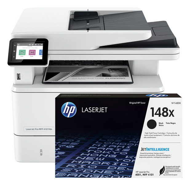 BUNDLE HP LaserJet Pro MFP 4101fdw 40ppm A4 Wireless Mono Multifunction Printer + 148X High Yield Black Toner (W1480X) (2Z619F-148XBUN)