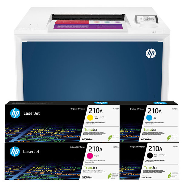 BUNDLE HP Color LaserJet Pro 4201dw 35/33ppm A4 Wireless Colour Laser Printer + 210A Toners (W2100A, W2101A, W2102A, W2103A) (4RA86F-210ABUN)
