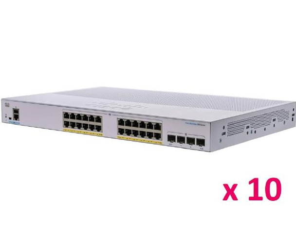 10 x Cisco Business 250 series, 24-Port Gigabit Smart Switch with 24 PoE RJ45 and 4 SFP Ports, 195W