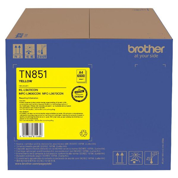 Brother TN-851Y Genuine Standard Yield Yellow Toner Cartridge - 6.5K