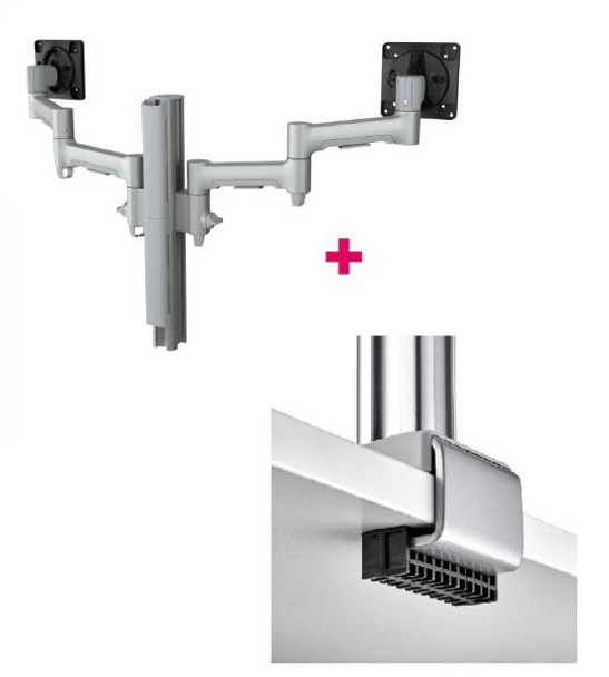 Atdec AWMS-2-4640 Dual 18.11&quot; Monitor Arms on 15.75&quot; Post and C Clamp Desk Fixing, Silver