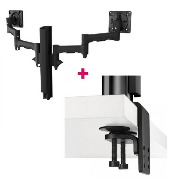 Atdec AWMS-2-4640 Dual 18.11&quot; Monitor Arms on 15.75&quot; Post and Heavy-Duty F Clamp Desk Fixing, Black