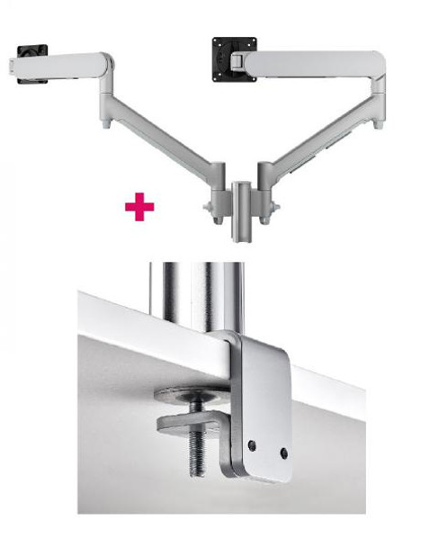 Atdec AWMS-2-D13 Dual 27&quot; Dynamic Monitor Arms on 5.3&quot; Post and F Clamp Desk Fixing, Silver