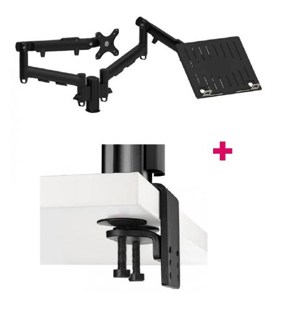 Atdec AWMS-2-ND13 Dual Notebook and Monitor Combo 24.33&quot; Dynamic Arms on 5.31&quot; Post and Heavy-Duty F Clamp Desk Fixing, Black