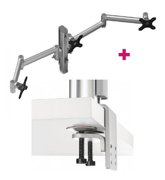 Atdec AWMS-3-13714 Triple 5.11&quot; and 27.95&quot; Monitor Arms on 15.75&quot; Post and Heavy-Duty F Clamp Desk Fixing, Silver