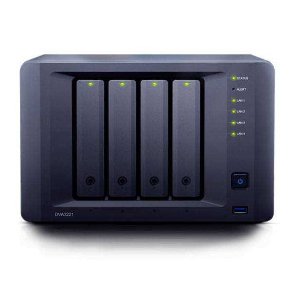 Synology NVR DVA3221 - 4 Bay NVR with an Intel Atom C3538, NVIDIA GeForce GTX 1650, 4GB RAM + 8 licenses included. Ask for a Solutions Project quote.