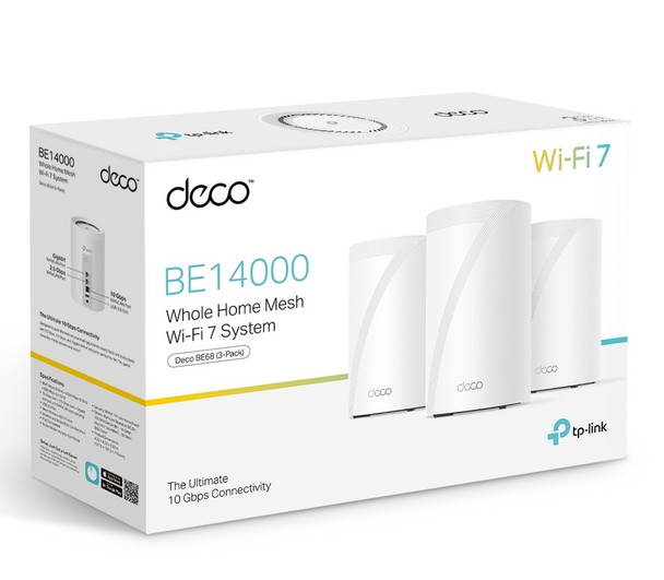 TP-Link Deco BE68 BE14000 Tri-Band Whole Home Mesh Wi-Fi 7 System (3-pack) 688 Mbps at 2.4 GHz + 4324 Mbps at 5 GHz + 8647 Mbps at 6 GHz