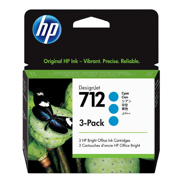 HP 712 3-pack 29-ml Cyan Ink Cartridges for DesignJet T230/T250/T650/STUDIO