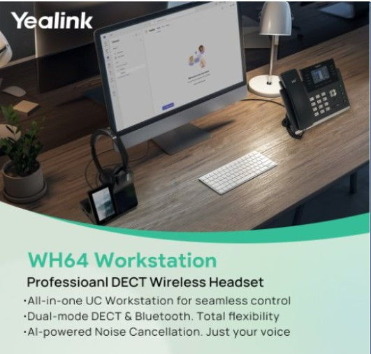 Yealink WH64 Dual Workstation, Yealink WH64 Workstation is an industry-leading DECT wireless headset with dual/single-ear options for seamless desktop