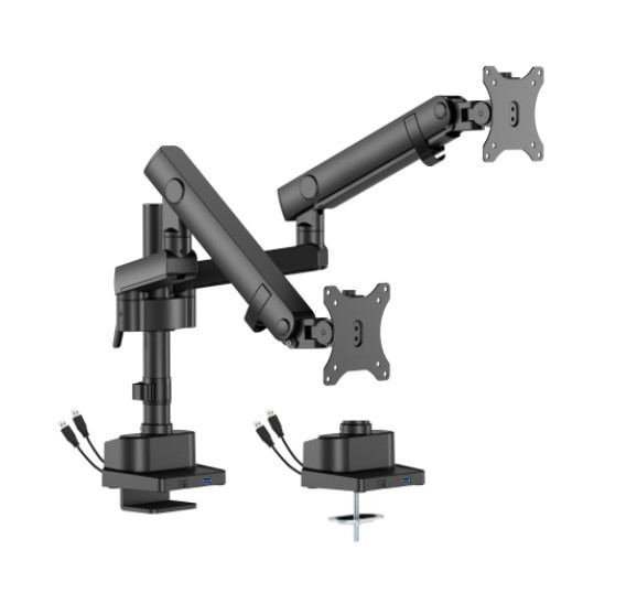 Brateck LDT84-C024UCP-B B Dual Screen Pole-Mounted Heavy-Duty Mechanical Spring Monitor Arm with USB Ports Black (LS)