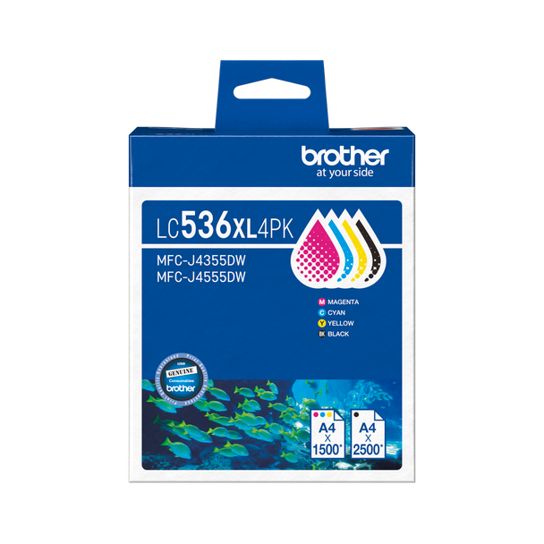 LC536XL 4PK VALUE PACK 1X BLACK, 1X CYAN, 1X MAGENTA, 1X YELLOW TO SUIT MFC-J4355DW/J4555DW/J6560DW -UP TO 1500 PAGES