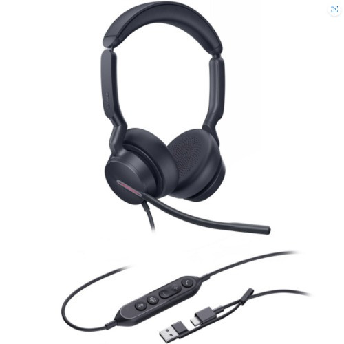 Yealink UH46 Dual C/A, premium USB-wired headset, three microphones, AI-powered noise cancellation, connects via USB-C with a USB-A adapter