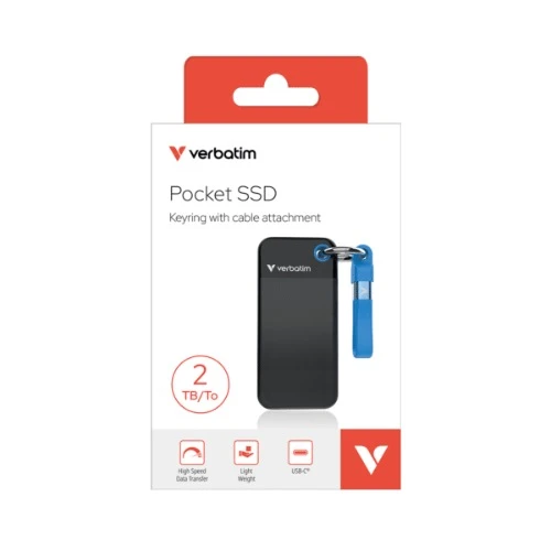 Verbatim Pocket SSD USB 3.2 Gen 2 2TB Black/Blue, Convenient keyring and cable holder keeps your cable neat and tangle-free											Verbatim Pocke