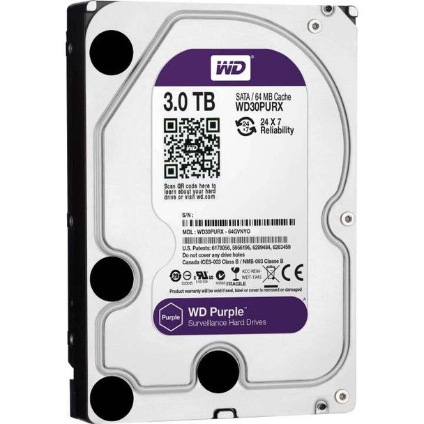 WD PURPLE 3TB 3.5" HDD, INTELLIPOWER, 64MB, SATA III, (6Gbps), 3YRS