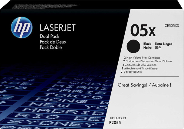 HP 05X 2 Pack LaserJet P2055 High Yield Black Toner Cartridges (CE505XD)