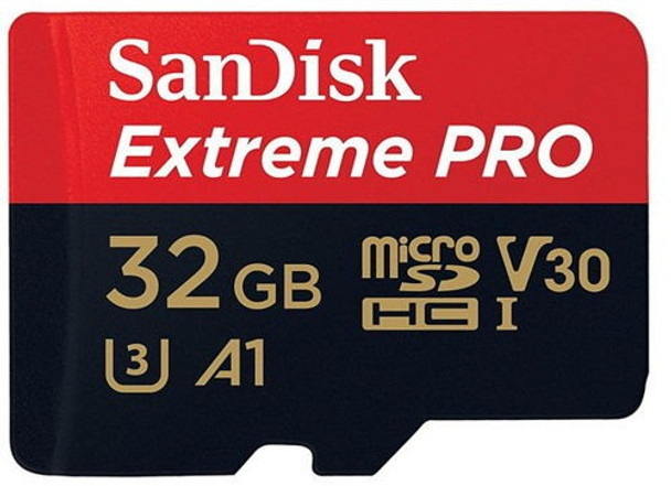 SanDisk Extreme Pro microSDHC, SQXCG 32GB, V30, U3, C10, A1, UHS-1, 100MB/s R, 90MB/s W, 4x6, SD adaptor, Lifetime Limited