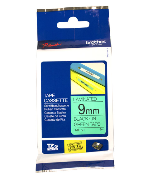 Brother TZe721 Black on Green Laminated Labelling Tape