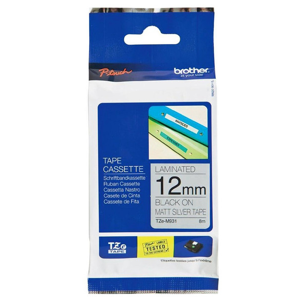 Brother TZeM931 Black on Silver (matt) Laminated Labelling Tape