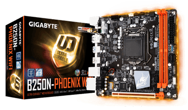 Gigabyte B250N PHOENIX WIFI Motherboard, 2 x DDR4 DIMM, 1 x DP, 1 x HDMI, 6 x USB3.1, 2 x USB 2.0, 1 x RJ-45, 5 x Audio Jacks, Mini-ITX