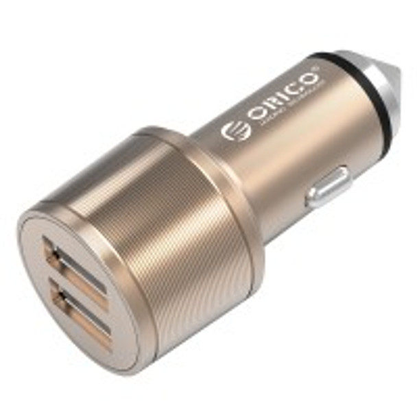 ORICO 15.5W Safety Hammer Design 2 Port Car Charger (UCI-2U)-Gold; Aluminum; 2 USB Charging Ports; Intelligent Identification IC; DC 12-24V