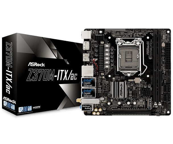 ASRock Z370M-ITX/ac, miniITX, Socket 1151, DDR4 4000+, 1 PCIe 3.0 x16, 2 HDMI/ DP, 7.1 CH HD Audio, 6 SATA3, USB 3.1, 3yrs wrty