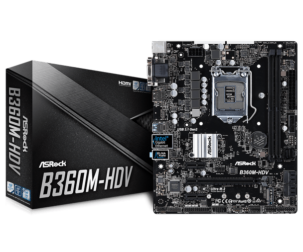 ASRock B360M-HDV, micro ATX, PCIe x16, M.2 (1 SSD), HDMI, DP, D-Sub, USB 3.1, Intel I219V, 3 yrs wrty