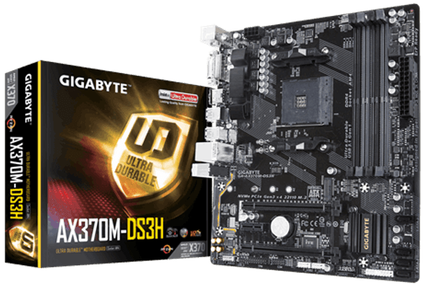 GIGABYTE AX370M-DS3H, AMD X370, 4 x DDR4 DIMM, 1 x DVI-D, 1 x HDMI, 4 x USB3.1, 4 x USB2.0, 1 x RJ-45, 3 x AJ, micro ATX, support AM4 socket
