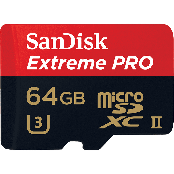 SanDisk Extreme Pro microSDXC, SQXCG 64GB, V30, U3, C10, A1, UHS-1, 100MB/s R, 90MB/s W, 4x6, SD adaptor, Lifetime Limited