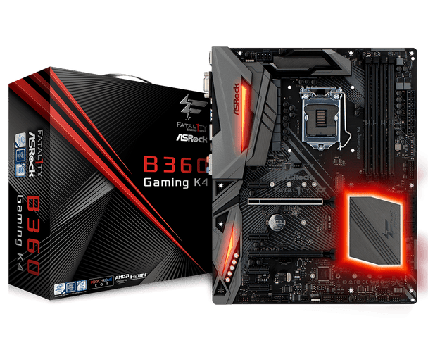 ASRock Fatal1ty B360 Gaming K4, ATX, PCIe x16, CFX, M.2 (2 SSD, 1 WiFi Key E), HDMI, DP, D-Sub, USB 3.1, Intel I219V, Thunderbolt 3, 3 yrs wrty