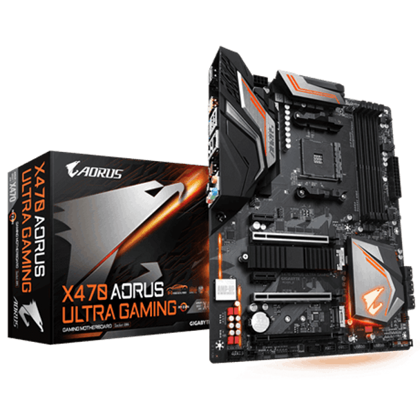 AORUS AMD X470, 4x DDR4 DIMM, 6 x USB3.1, 4 x USB2.0, 1 x HDMI, 1 x RJ-45, 5 x AJ, ATX