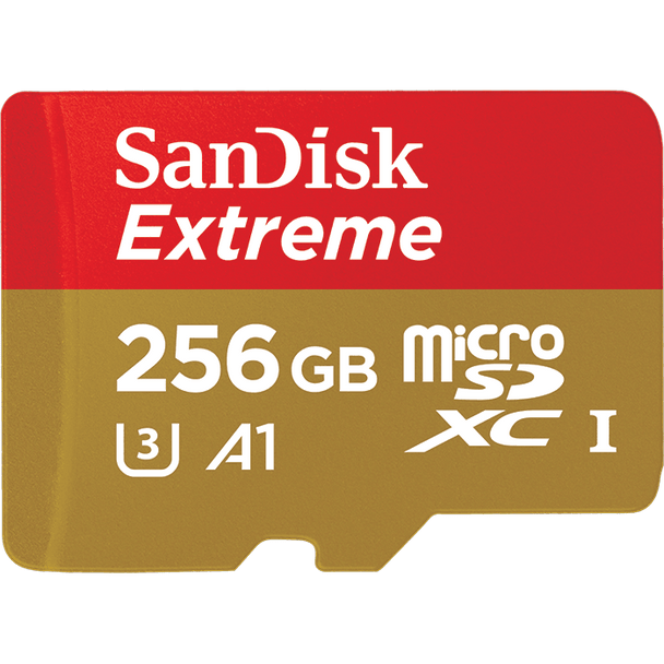 SanDisk Extreme microSDXC,SQXAO 256GB, U3, C10, A1,UHS-1, 100MB/s R, 90MB/s W, 4x6, SD adaptor, Lifetime Limited