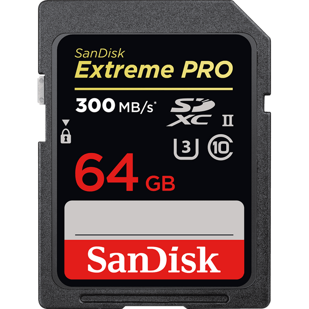 SanDisk Extreme Pro SDXC, SDXPK 64GB, U3, C10, UHS-II, 300MB/s R, 260MB/s W, 4x6, Lifetime Limited