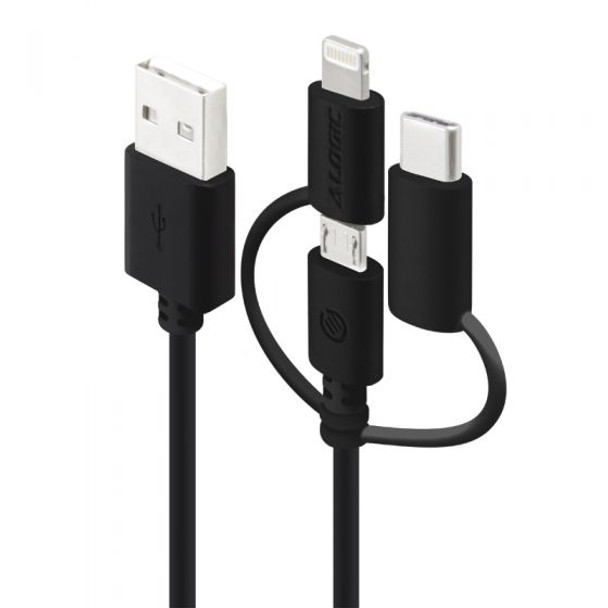 ALOGIC 30 cm 3-in-1 Charge & Sync Cable - Micro USB Lightning & USB-C - BLACK (Apple Certified under MFi)