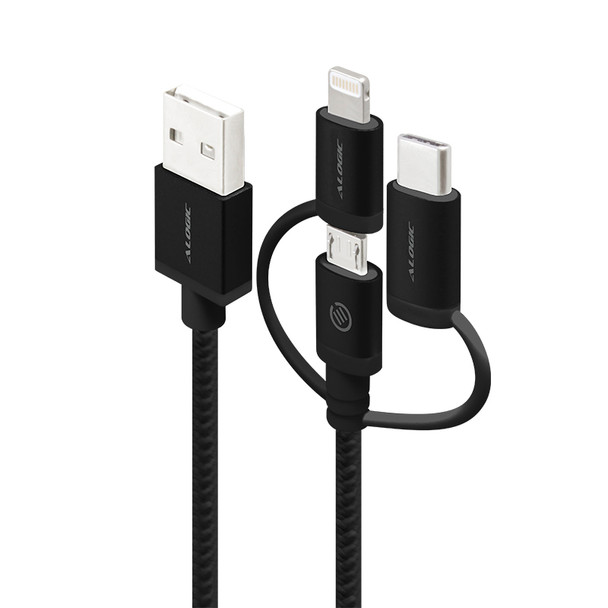 ALOGIC Prime 3-in-1 Charge & Sync Cable - Micro US + Lightning + USB-C - 1m - Jet Black