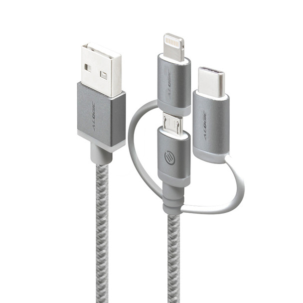 ALOGIC Prime 3-in-1 Charge & Sync Cable - Micro US + Lightning + USB-C - 1m - Space Grey