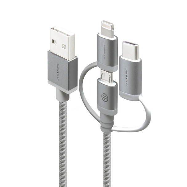 ALOGIC Prime 3-in-1 Charge & Sync Cable - Micro US + Lightning + USB-C - 30cm - Space Grey