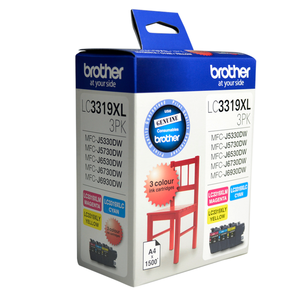 Brother LC-3319XL High Yield CMY Colour 3 Pack Genuine (1 x Cyan, 1 x Magenta, 1 x Yellow)