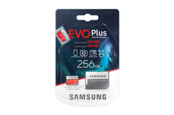 Samsung Micro SDXC 256GB EVO Plus /w Adapter UHS-1 SDR104, Class 10, Grade 1 (U3), Up to 100MB/s read, 90MB/s Write, 10 Years Limited Warranty